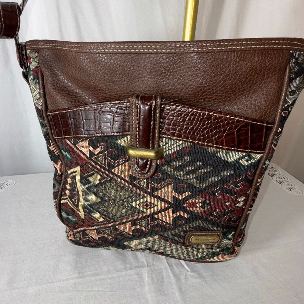 Vintage Brown Leather Trim Multicolor Aztec Crossbody Bag